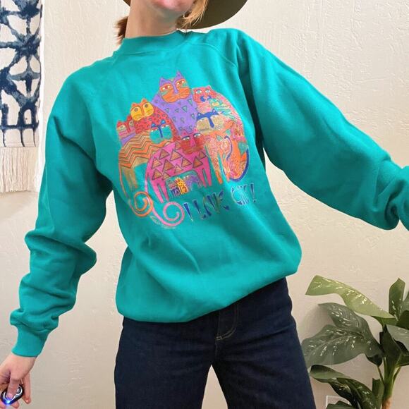 Vintage NWT 1980's Laurel Burch I Love Cats Teal Sweatshirt - Picture 2 of 9